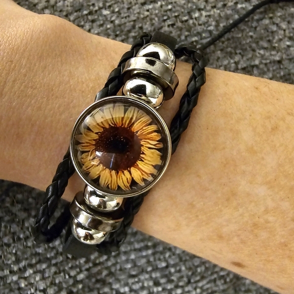 Sunflower Bracelet Adjustable with Braided Leather - Picture 2 of 3